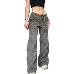 Sawmew Damen Y2K Low Waisted Baggy Jeans Low Rise Cargo Denim Hose mit Taschen Straight Wide Leg Distressed Hose Vintage Streetwear (Color : Gray, Size : L) von Sawmew