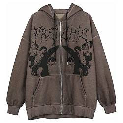 Sawmew Damen Y2k Langarm Zip Up Hoodies Übergroße Goth Vintage Kapuzen Sweatshirts Retro Ästhetische Jacken (Color : Brown, Size : 4XL) von Sawmew