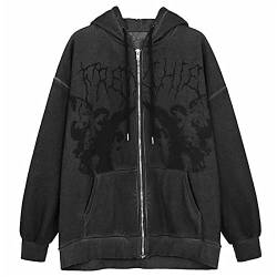Sawmew Damen Y2k Langarm Zip Up Hoodies Übergroße Goth Vintage Kapuzen Sweatshirts Retro Ästhetische Jacken (Color : Dark Gray, Size : XL) von Sawmew