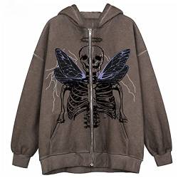 Sawmew Damen Zipper Hoodie Y2K Skeleton Print Gothic Harajuku Zipper Pullover (Color : Brown, Size : M) von Sawmew