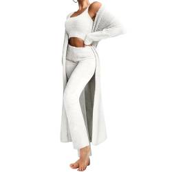 Sawmew Flauschiges 3-Teiliges Pyjama-Set Für Damen, Sexy, Warmes, Flauschiges Fleece, Vorne Offen, Strickjacke, Crop-top, Hose, Anzug, Loungewear, Zuhause, Pyjama-Sets Für Herbst Und Winter von Sawmew