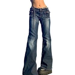 Sawmew Frauen Y2k Low Waist Gothic Cargo Wide Leg Baggy Jeans Harajuku Streetwear Punk Indie Aesthetic 90s Pants (Color : Blue, Size : S) von Sawmew