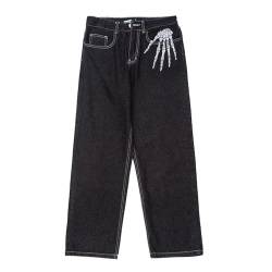 Sawmew Herren Baggy Jeans Hip Hop Jeans Teenager Junge Streetwear Skateboard Y2K Hose Vintage Skelett Bedruckte Jeans Skater Skateboard Hose (Color : Black, Size : XL) von Sawmew