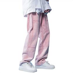 Sawmew Herren Denim Hosen Mode Lockere Jeans mit Weitem Bein Lässige Streetwear Bedruckte Hosen Jeans Hosen Baggy Herren Jeans (Color : Pink, Size : M) von Sawmew