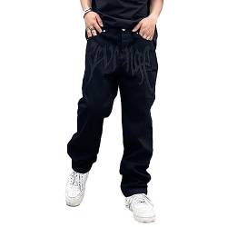 Sawmew Herren Hip Hop Baggy Jeans Fashion Print Loose Fit Wide Leg Y2k Harajuku Denim Pants (Color : Black, Size : 3XL) von Sawmew