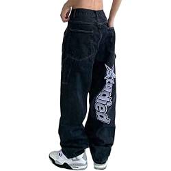 Sawmew Herren Hip Hop Jeans Baggy Jeans Straight Leg Gewaschen Jeanshose Casual Denim Hosen Vintage Bedruckte Jeans Teenager Skateboard Hose Streetwear (Color : Black, Size : L) von Sawmew