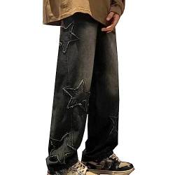Sawmew Herren Jeans Baggy Jeans Bedruckt Hip Hop Jeanshose Straight Leg Casual Vintage Denim Hosen Y2K Jeans Teenager Hose Bedruckte Jeans Streetwear Cargohosen (Color : Black, Size : M) von Sawmew