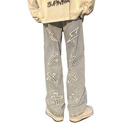Sawmew Jeans Hip Hop Herren Baggy Straight Leg Gewaschen Patchwork Ripped Jeanshose Casual Denim Hosen Men Vintage Bedruckte Pants Teenager Skateboard Hose Streetwear (Color : Blue, Size : L) von Sawmew