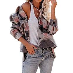 Sawmew Kausale Button Down Langarm Jeansjacke mit Aztekenmuster für Damen Shacket (Color : Pink, Size : S) von Sawmew