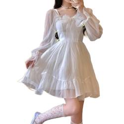 Sawmew Süßes Lolita-Kleid, Japanische Sommerfrauen, Weißes Lolita-Kleid, Quadratischer Kragen, Spitze, Hohe Taille, Prinzessinnenkleid, Süße Süße Kleider (Color : White, Size : S) von Sawmew