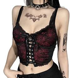 Sawmew Summer Goth Y2K Damen Crop Top Weste Damen Corsage Mode Spitze E-Girls Tank Top Punk Gothic Trägerlose Blusen Spitze V-Ausschnitt Rückenfreies Sexy Crop Top Outfit (Color : Black, Size : M) von Sawmew