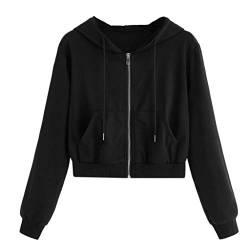 Sayla Damen Cropped Hooded Sweatshirt, Damen Hoodie Langarm Sweatshirt Reißverschluss mit Tasche Casual Langarmshirts mit Kapuze Sport Pullover Kurz Bauchfrei Oberteil Bluse Jumper (Schwarz, M) von Sayla