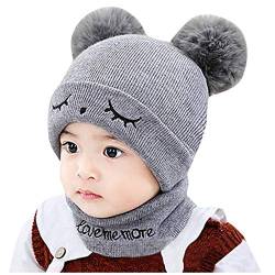 Sayla Unisex süß Baby Mütze Mädchen Jungen Strickmütze, Warm Wintermütze, Earflap Hut Kappe Schnee Hut Schal, Schlupfmütze Schalmütze, Baby Kinder Mützen Winter Winddicht Kapuze Hüte (Grau) von Sayla