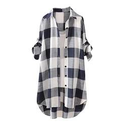 Karierte Bluse Damen Oversize Langarm Shirt Lang Knopfleiste Hemd Lose Frühling Sommershirt Blusenshirt Oberteile Tunika Große Größen Tops T-Shirts & Blusen für Frauen Übergröße Longbluse von Saymany