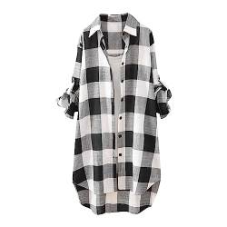 Karierte Bluse Damen Oversize Langarm Shirt Lang Knopfleiste Hemd Lose Frühling Sommershirt Blusenshirt Oberteile Tunika Große Größen Tops T-Shirts & Blusen für Frauen Übergröße Longbluse von Saymany