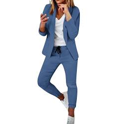 Damen Hosenanzug Elegant Frauen 2-teilig Anzugjacke Karo Einfarbig Anzug Set Slimfit Festlich Damenanzug Sportlich Streetwear Freizeitmantel Business Mode Mantel Rave Oberbekleidung (a-Blue, M) von Sbyhbhyds