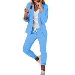 Damen Hosenanzug Elegant Frauen 2-teilig Anzugjacke Karo Einfarbig Anzug Set Slimfit Festlich Damenanzug Sportlich Streetwear Freizeitmantel Business Mode Mantel Rave Oberbekleidung (b-Blue, S) von Sbyhbhyds