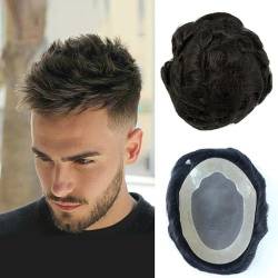 Men's Human Hair Toupee Hair Replacement Systems Mono NPU Indian Remy Hair Toupee with Tapes Mens Wave Hair Piece Wig 130% (1B# Natural Black,30mm Wave (6 x 8)) von ScAua