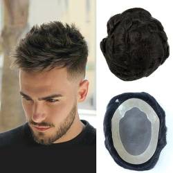 Men's Human Hair Toupee Hair Replacement Systems Mono NPU Indian Remy Hair Toupee with Tapes Mens Wave Hair Piece Wig 130% (1B# Natural Black,30mm Wave (7 x 10)) von ScAua