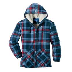 Scheibler Fleecejacke Herren Outdoor mit Kapuze - Winter-Arbeitsjacke Herren weich gefüttert - Übergangsjacke Herren Holzfäller-Style - Thermojacke Herren - navy-blau-rot-kariert von Scheibler