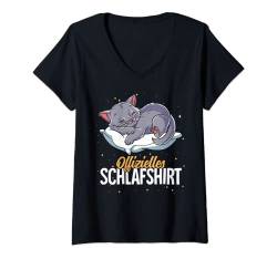 Damen Offizielles Schlafshirt Katze T-Shirt mit V-Ausschnitt von Schlafanzug