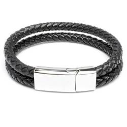 Echt Leder Herren Armband doppelt schwarz geflochten Edelstahl silber Schließe Hochwertig Bikerschmuck Männer Geschenk (19.0) von Schmuck-Checker