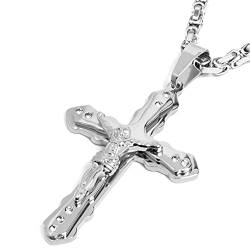 Schmuck-Checker Großer XL Kreuz-Anhänger mit Jesus silber poliert aus 316L Edelstahl Herren Königskette Halskette Männer Schmuck Geschenk Hochwertig von Schmuck-Checker