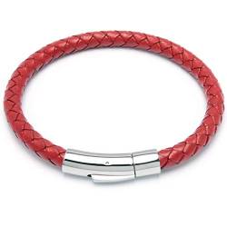 Schmuck-Checker Rotes Armband aus echtem Leder mit Edelstahl Verschluss geflochten 6mmØ hochwertiges Herrenarmband (19.0) von Schmuck-Checker