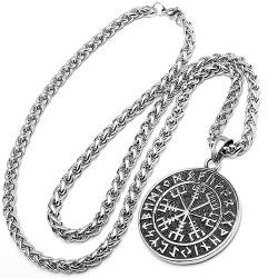 Schmuck-Checker Runen-Kompass Vegvisir mit Schutzrunen aus hochwertigem 316L Edelstahl silber gold mit Aegishjalmur auf Rückseite nordische Wikingerschmuck Halskette (Silber) von Schmuck-Checker