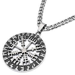 Schmuck-Checker Vegvisir Wikinger-Kompass Anhänger + Halskette aus 316L Edelstahl Schutz Runen Silber Germanen Schmuck Halskette Herrenschmuck von Schmuck-Checker