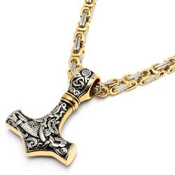 Thors Hammer Mjölnir silber & gold aus hochwertigem 316L Edelstahl mit Königskette Wikingerschmuck Herren Halskette Männer Geschenk nordischer Schmuck von Schmuck-Checker