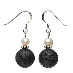 Ohrringe Ohrhänger aus echter Lava mit Poren & Perlen schwarz weiß Damen von Schmuck-Krone - Edelsteinschmuck