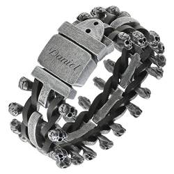 Schmuck-Pur Breites Herren Rocker Armband XXL Totenkopf mit Laser-Gravur Edelstahl Leder 20/20,5/21 cm Innenumfang von Schmuck-Pur by Cadenis