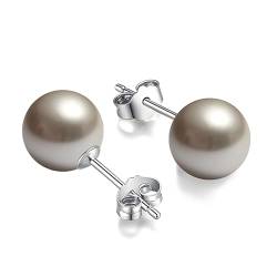 Schmuckwilli Perlenohringe für Damen & Mädchen - mit 12mm großen hell grauen runden Mallorca Muschelkernperlen - Elegante Ohrringe für jeden Anlass Ohrstecker Ohrhänger Pearl earrings von Schmuckwilli