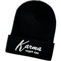 Schnoschi Strickmütze Wintermütze Karma regelt das (Long Beanie) bestickt Spruch Streetwear mit breitem Umschlag und Stickerei von Schnoschi