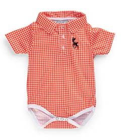 Baby Trachten Body Kariert mit Kragen und Stick – Volksfest und Hochzeit Kurzarm Body für Jungen und Mädchen – Trachtenbody Joshua (Rot/Weiss, 110/116) von Schöneberger Trachten Couture