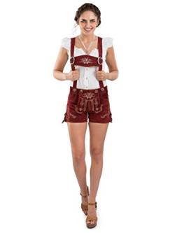 Damen Lederhose kurz - Trachtenlederhose Bergrose - Trachtenhose Hotpants mit Hosenträger (30, rot) von Schöneberger Trachten Couture