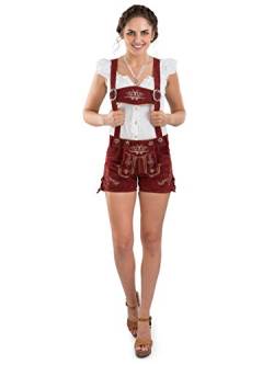 Damen Lederhose kurz - Trachtenlederhose Bergrose - Trachtenhose Hotpants mit Hosenträger (38, rot) von Schöneberger Trachten Couture