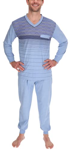 Schlafanzug Herren Baumwolle lang Shirt und Hose Pyjama Schlafkleidung Nachtwäsche Nachtanzug, Größe:XXXL, Farbe:Blau von Schuerzenfabrik