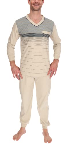 Schuerzenfabrik Herren Schlafanzug lang Shirt und Hose Pyjama Schlafkleidung Nachtwäsche Nachtanzug, Größe:L, Farbe:Beige von Schuerzenfabrik