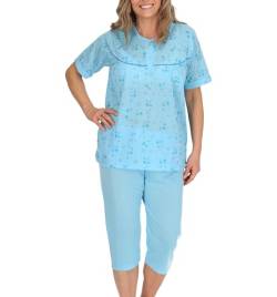 Schuerzenfabrik Pyjama Damen Baumwoll-Mischung Oberteil kurzer Arm Unterteil Knielang Baumwollmischung, Größe: XL, Farbe: Blau von Schuerzenfabrik