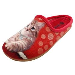 Schuhkönig ALBEROLA HAUSSCHUH/PANTOFFEL HELLE SOHLE KATZE MIT GLITZERKETTE ROT X27584A (eu_footwear_size_system, adult, women, numeric, medium, numeric_39) von Schuhkönig