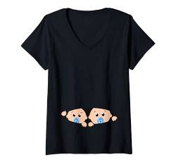 Damen Zwillinge Lustiges Baby im Bauch Schwangerschaft T-Shirt mit V-Ausschnitt von Schwangerschaft verkünden Überraschung Papa