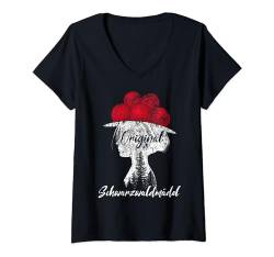 Damen Original Schwarzwaldmädel Schwarzwaldmaidli Bollenhut T-Shirt mit V-Ausschnitt von Schwarzwald Mädchen Bollenhut Tracht Wollrosen