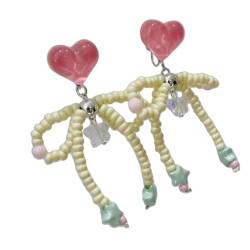 Scnvsi Bunte Acryl-Herz-Wolken-Ohrringe, wunderschöne Herz-Ohrstecker mit Perlen-Schleifen-Anhänger, zierliche Tropfen-Ohrring-Anhänger von Scnvsi