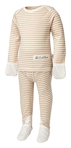 ScratchSleeves | Gestreifter Schlafanzug für juckende Babys und Kleinkinder | Cremefarben/Cappuccino | 12-18 Monate von ScratchSleeves