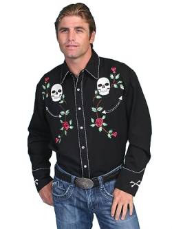 Scully Men's Skull Roses Embroidered Retro Western Shirt - P-771 Blk von Scully