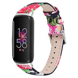 SeNool Armband Kompatibel mit Fitbit Inspire 3, [Echt Lederarmband], Ersatzarmband Uhrenarmband für Fitbit Inspire 3 - Schwarze Blumen von SeNool