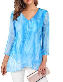 SeSe Code Damen-Bluse, 3/4-Ärmel, Rüschen, Wickeloberteil, leichtes Netz-Shirt, Blau, Large von SeSe Code