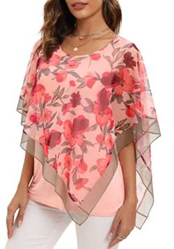 SeSe Code Damen Elegant Mesh Blusen Flowy Poncho Tops Dressy Casual Shirts, Orange / Rosa Blumenmuster, X-Groß von SeSe Code